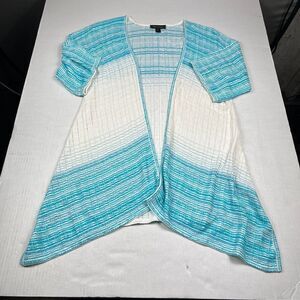 St John Wool Blend Long Cardigan Blue Ivory 3/4 Sleeve Open Front Sweater SMALL